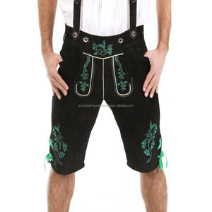 ISONZ Oktoberfest Lederhosen Trachten Bacarian Short en Cuir Souple Noir avec Broderie Verte - Product Image 1
