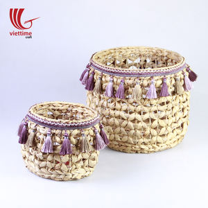 Lot de 3 paniers artisanaux en jacinthe d'eau naturelle Gland Boîtes de rangement décoratives et bacs Porte-plante en gros - Product Image 5