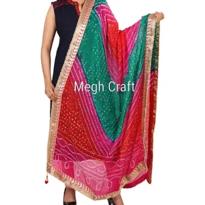 Beautiful Gota Patti Work Bandhej Dupatta - Multi Colored Fashion Wear Dupatta For Salwar Suit - Traditional Bandhej Dupatta