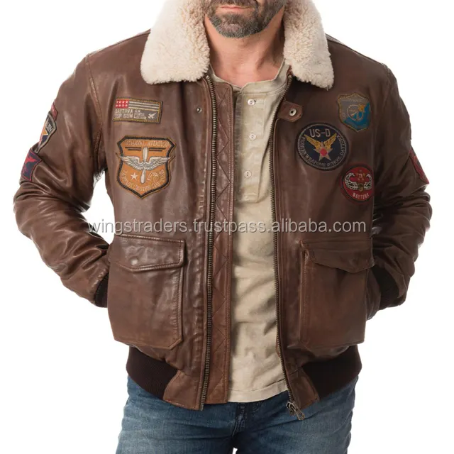 Men's Flight-Bomber Brown Leather Coats and Jackets With Real Sheep Fur Collar Made in Pakistan