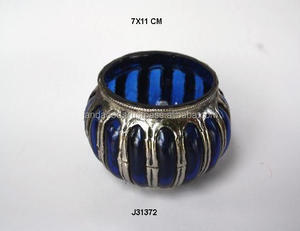 <b>Blue</b> Glass and Brass Silver Plated <b>Tea</b> <b>Light</b> <b>Holder</b> Home Decoration Votive Bowl for Christmas Festivities - Product Image 2