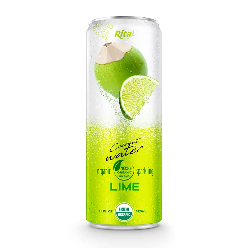 Etiqueta de diseño gratis, mejor precio, muestra gratis, buen fabricante, 320ml, en lata, orgánica, sabor a limón brillante, agua de coco