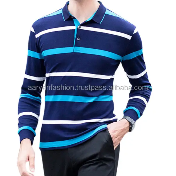 Wholesale bulk striped blank golf polo shirts men Yarn-Dyed striped long sleeve Polo shirt 100% cotton striped polo t-shirt