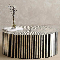 Table basse ronde en os noir incrusté, design floral fait main, table centrale en bois, mobilier de luxe pour salon
