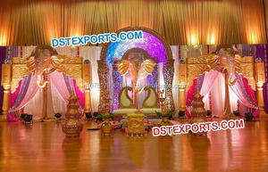 Royal Asian Wedding Stage Set Fiber Roman Pillars Reception Stage Set Best Peacock Theme Wedding Stage - Product Image 4