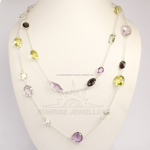 Collares de Plata de Ley al por Mayor 2017, Collares Religiosos para Boda y Compromiso, Engaste de Bisel, Piedras Multicolores, Longitud Personalizable, Regalo - Product Image 1