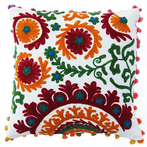 Latest Design Indian Handmade <b>White</b> Square Suzani Woolen Embroidery Cotton <b>Cushion</b> Cover for Home Use-Wholesale Sofa Bed Pillow - Product Image 2
