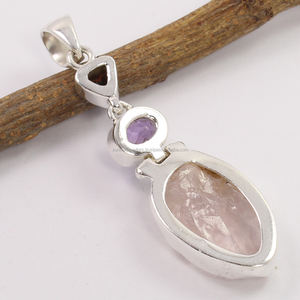 Nouveau mignon naturel ROSE QUARTZ améthyste et grenat pierres précieuses 925 argent Sterling unisexe Solitaire trillion ovale multicolore pendentif - Product Image 2