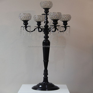 Candélabre en métal en aluminium à 5 bras enduit de poudre noire bougeoirs et lanternes en cristal décoratifs pour la maison - Product Image 1