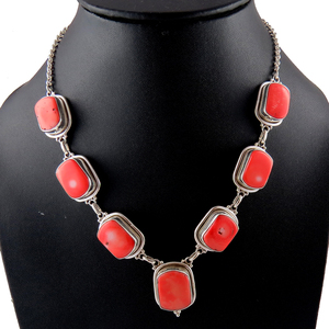 Collar de Plata de Ley 925 con Coral Rojo en Forma de Baguette, Cadena de Cuerda, Estilo Bohemio, Joyería con Piedras Preciosas - Product Image 2