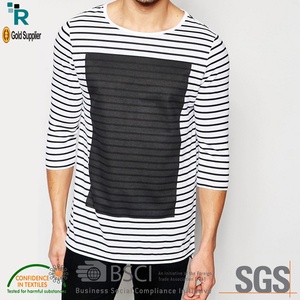 Camiseta informal de manga de cuarto de peso pesado para hombre, cuello redondo transpirable para cuello de Polo, estampado de bloque de rayas con abertura lateral más larga Plus - Product Image 2