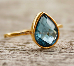 Blue Topaz ควอตซ์แหวนพลอย925เงินสเตอร์ลิง Handmade ทองชุบ - Product Image 1