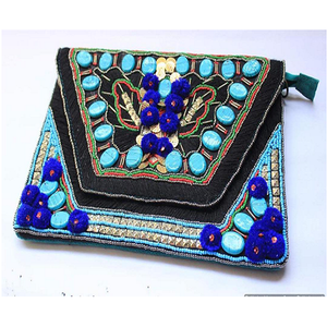 Banjara tradicional, bolso de mano con un solo bordado, azul oscuro, pompón de piedra, trabajo con cuentas, forro de lona, cierre de cremallera, uso diario - Product Image 1