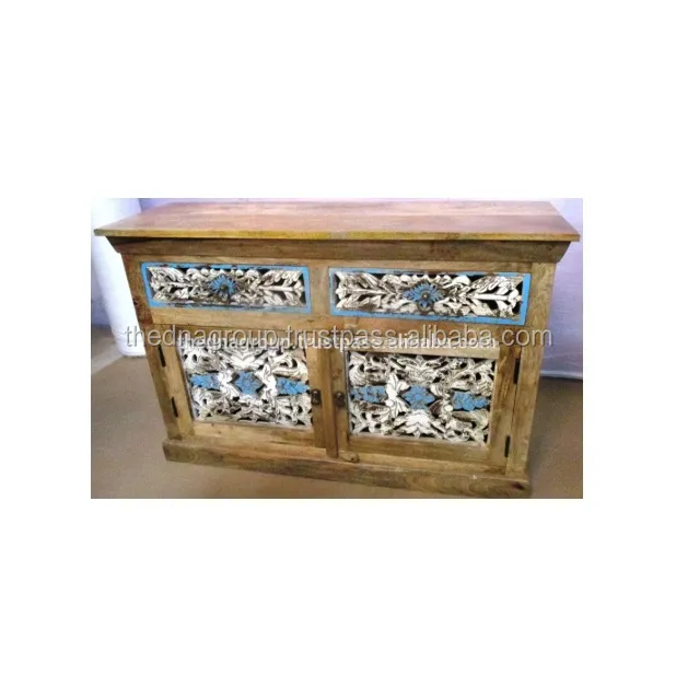 Indian Hand Carved Painted Wooden Side Board