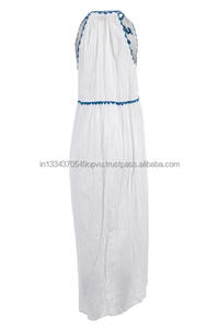 Super ผู้หญิงน่ารักสีขาวตัดขนสัตว์สีฟ้าเย็บปักถักร้อยด้านข้างโค้ง Hem V คอผู้หญิงรีสอร์ทชายหาด Maxi dres - Product Image 5