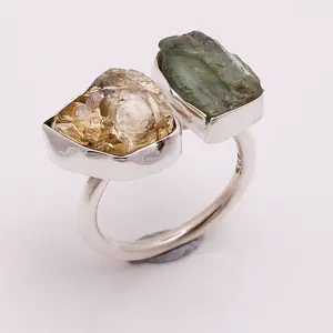 Impressive Two Stones Fancy Shape Natural Raw Citrine Green Kyanite Gemstone 925 Sterling Silver Ring Jewelry, Indian Jewelry