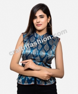 Diseñador Gaji Silk Short Indo Western Blusa Top-Ajrakh & Lotus Print Indian Fashion Wear - Product Image 5