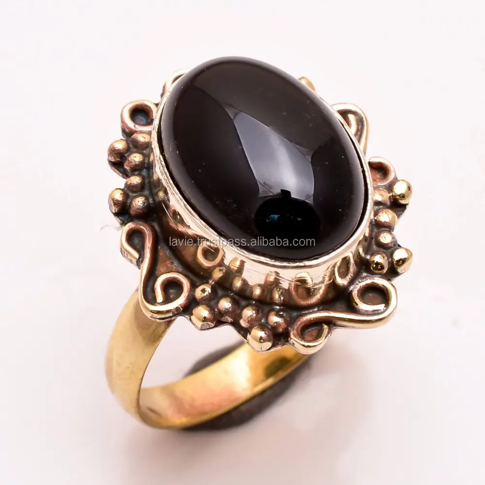 แหวนพลอยโอนิกซ์สีดำธรรมชาติเครื่องประดับขายส่งแหวนชุบทองทองเหลืองแท้