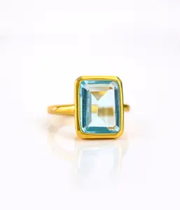 Blue Topaz Quartz Gemstone ring in 925 Sterling Silver Beautiful handmade Gold Plated Fashion Jewelry