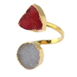 แหวนชุบทอง24K,แหวนหินคู่แบบปรับได้เครื่องประดับขายส่งน้ำตาลธรรมชาติ Druzy Trillion & ทรงกลม - Product Image 2