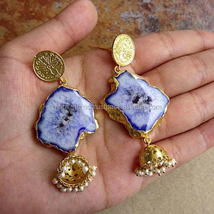 Pendientes indios étnicos de ágata Geode púrpura con perlas Jumka, pendientes de declaración Boho, pendientes de piedras preciosas de pavo real - Product Image 3