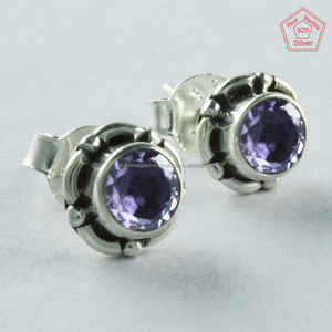 Pendientes redondos de Plata de Ley 925 con piedra amatista, joyería Unisex para regalo de boda, fiesta de compromiso o aniversario - Product Image 2