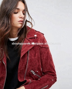 Chaqueta y abrigos de moto de cuero de ante genuino para mujer, chaqueta de motociclista de gamuza personalizada, color rojo, nuevo estilo - Product Image 3