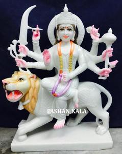หินอ่อนสีขาวบริสุทธิ์เทพธิดา Durga Mata กับสิงโตประติมากรรม - Product Image 1