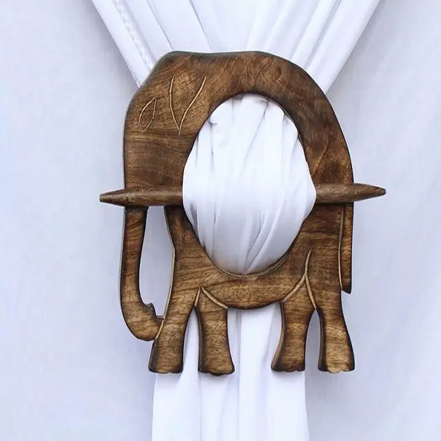 Rideaux en bois, attaches, tentures, éléphant, dos rustique, ensemble de 2 accessoires décoratifs simples pour la maison