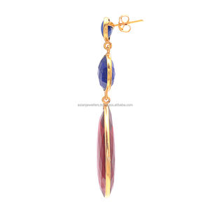 Ruby Quartz and Lapis Lazuli Gold Plated 925 <b>Sterling</b> <b>Silver</b> Trendy <b>Drop</b> <b>Earrings</b> for Wedding and Party - Product Image 2
