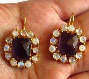 Natural <b>Amethyst</b> Cluster <b>Earrings</b> with Moonstones, White and Purple Delicate Dangle <b>Earrings</b> - Product Image 2