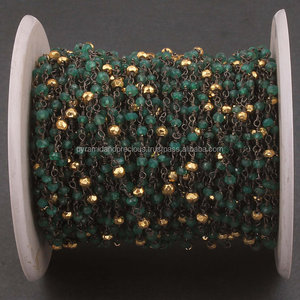 Cadena de cuentas de ónix verde y oro, piedra preciosa facetada de pirita, bronce plateado, Rosario - Product Image 1