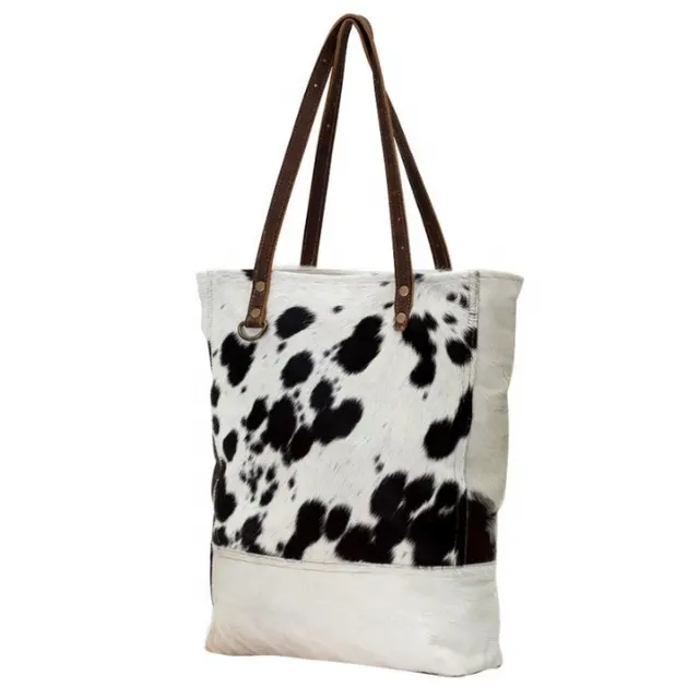 GENUINE HAIRON LEATHER BLACK & WHITE JERSEY HANDBAG WITH WHITE BASE