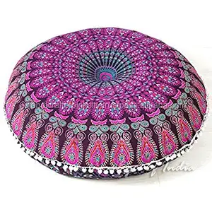 Mandala imprimé léger multicolore tapisserie ronde pouf et housse ottomane tricotée pour un usage domestique - Product Image 1