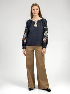 Mexican Hand Fern Embroidered Natural Linen Tasseled <b>Tie</b> Oval Neck Women Blouse Vintage Look Christmas Party Wear Ukrainian Top - Product Image 2