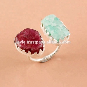 Bague en Amazonite Naturelle Brute et Rubis, Cadeau de Mariage Classique, Bijoux en Argent Sterling 925, Vente en Gros, Fabricant de Bagues en Argent Fin - Product Image 1