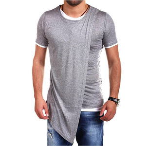 Moda de verano Slim Hip Hop Streetwear camiseta de hombre transpirable de punto con dobladillo irregular y manga corta diseño de dos tonos - Product Image 1