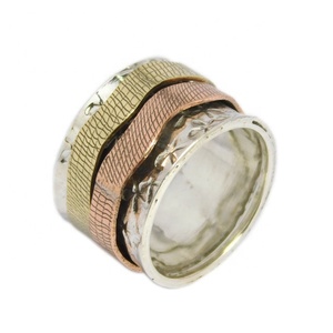 Bague Spinner trois tons de haute qualité 925 bijoux en argent Sterling méditation éternité Vermeil anneaux cadeau pour elle - Product Image 1