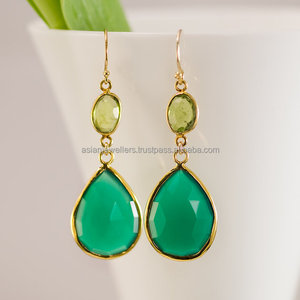 Green Onyx & <b>Peridot</b> Quartz Gemstone Drop <b>Earrings</b> 2-Micron 18K Gold Vermeil Sterling Silver Wedding Party Gift - Product Image 1