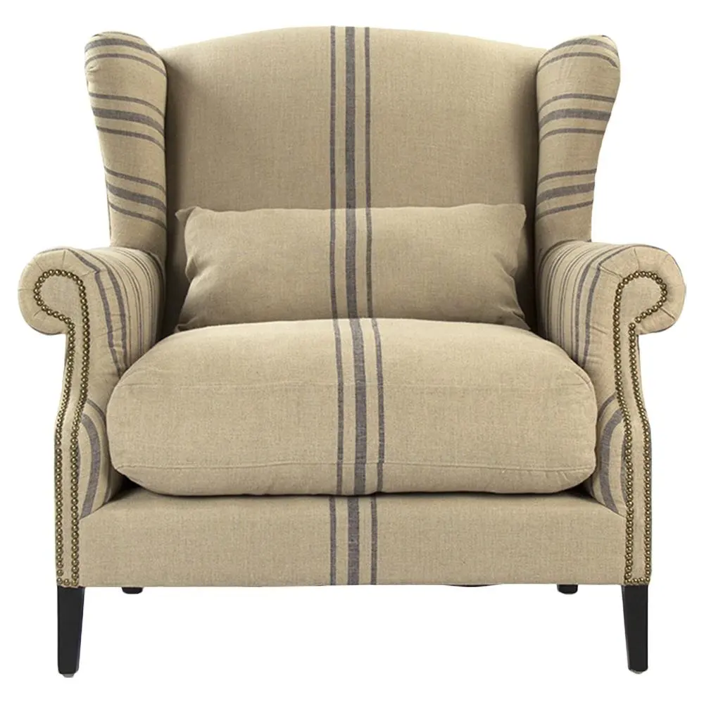 Napoleon French Fog Linen Blue Stripe Wingback Accent Armchair