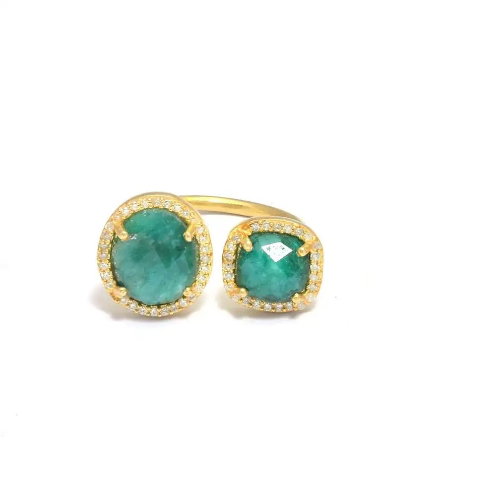 Green Emerald Gold Plated Pave CZ Set Ring - 2 Stone Adjustable Size Ring
