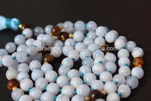 Blue Lace Agate Gemstone Mala Beads <b>Silk</b> Tassel Knotted Necklace Handmade Indian Bohemian Style Hinduism Third Party Certified - Product Image 6