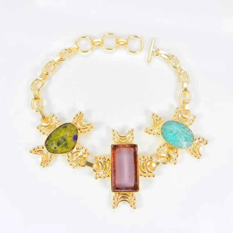 Multi Gemstone Gypsy Handmade Bezel Boho Link Chain Bracelet