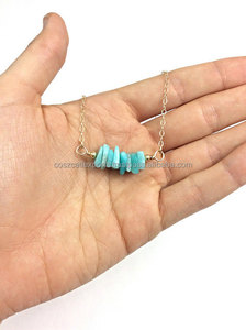Amazonite Aqua Blue Crystal Bar Necklace with Raw Rough Slice Bead Sterling <b>Silver</b> <b>Fine</b> <b>Chains</b> for Wedding Engagement Party - Product Image 3