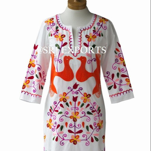 Premium Mexican Style Peacock Love Birds Embroidered Bohemian Midi Dress Wholesale Price High Quality Mexican Bird Beach Tunic - Product Image 1