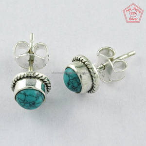 Pendientes de tuerca de turquesa redondos de Plata de Ley 925 hechos a mano para bodas, aniversarios, fiestas, compromisos, regalo perfecto India - Product Image 2