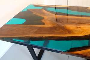 Modern Green <b>Epoxy</b> <b>Resin</b> Dining <b>Table</b> with Walnut Finish Industrial Wooden <b>Table</b> Top <b>for</b> Dining Room Furniture - Product Image 6