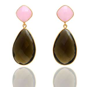 Pendientes de gota chapados en oro de Calcedonia Rosa ahumada de Plata de Ley 925 hechos a mano - Product Image 1