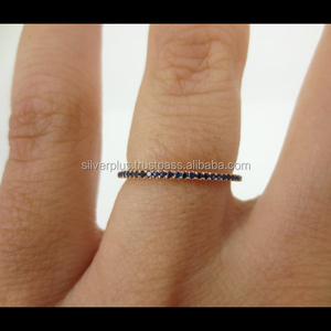 Sólido 14K oro amarillo genuino Azul zafiro piedra preciosa eternidad completa anillo de apilamiento joyería de Navidad - Product Image 5
