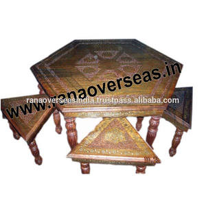 <b>Vintage</b> Design Hot Selling Handmade <b>Wooden</b> Hexagonal Centre Table With <b>Stool</b> in Tri Angle Shaped and Brass Inlay Design - Product Image 2